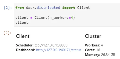 Jupyter Notebook output showing a Dask client dashboard URL and a cluster with four workers and 16 cores