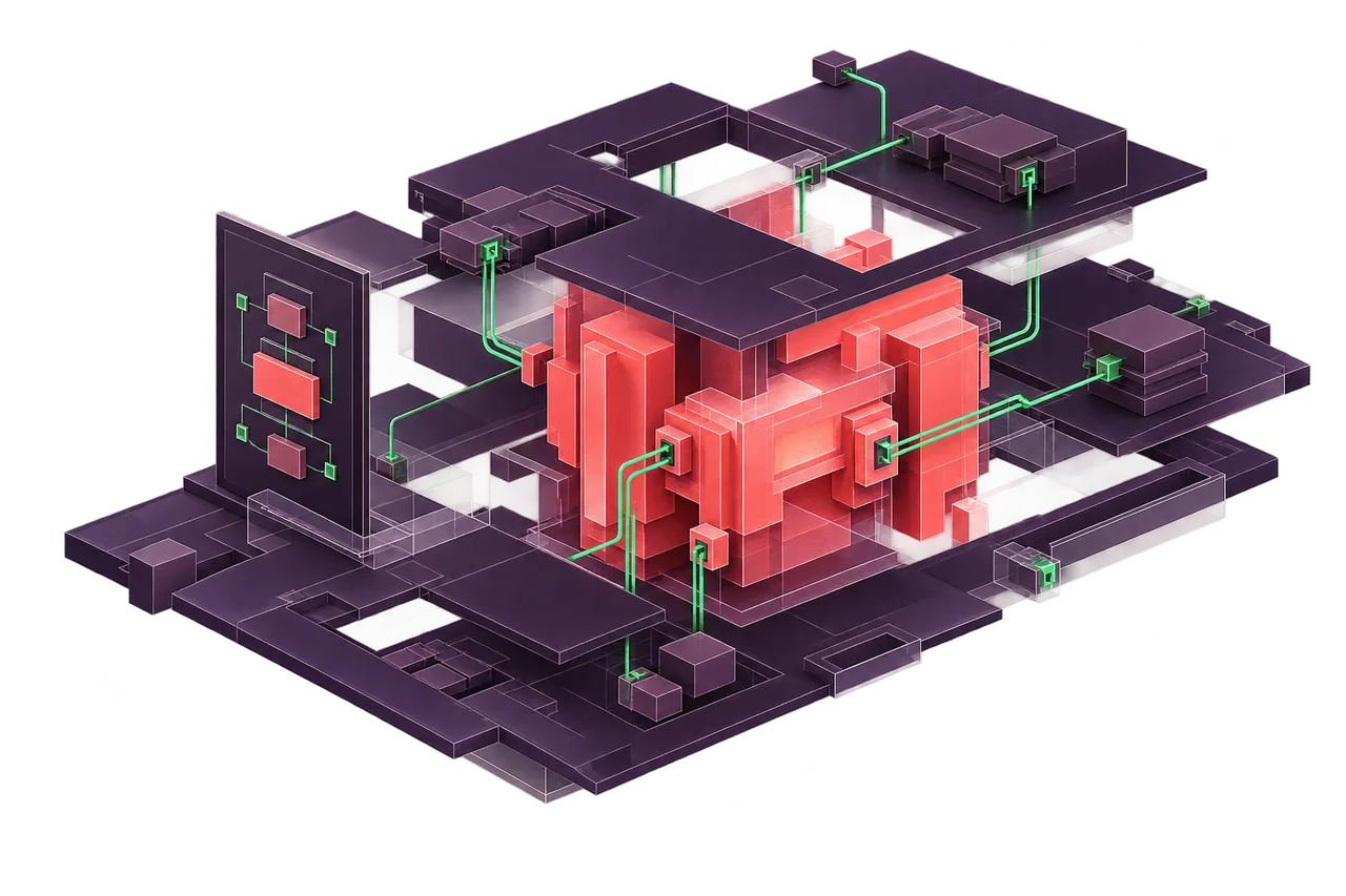 Conceptual software architecture: layered purple components around a coral core, connected by green signal paths.
